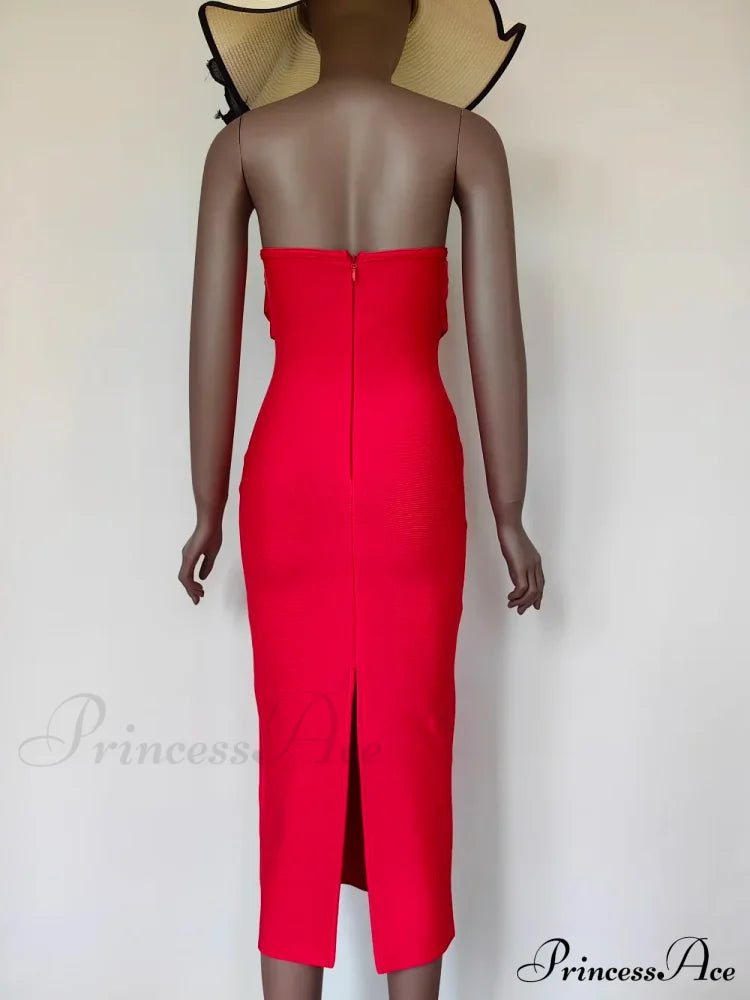 Sexy Strapless Backless Split Bustier Red Christmas Party Dress Dresses-L