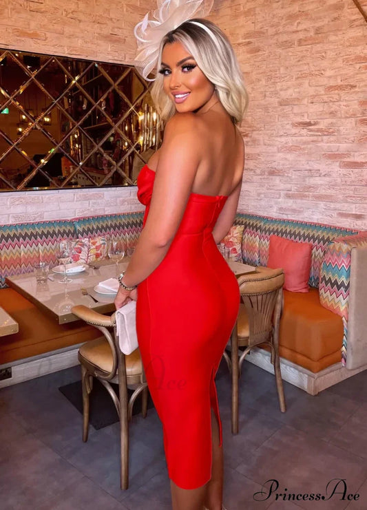 Sexy Strapless Backless Split Bustier Red Christmas Party Dress Dresses-L