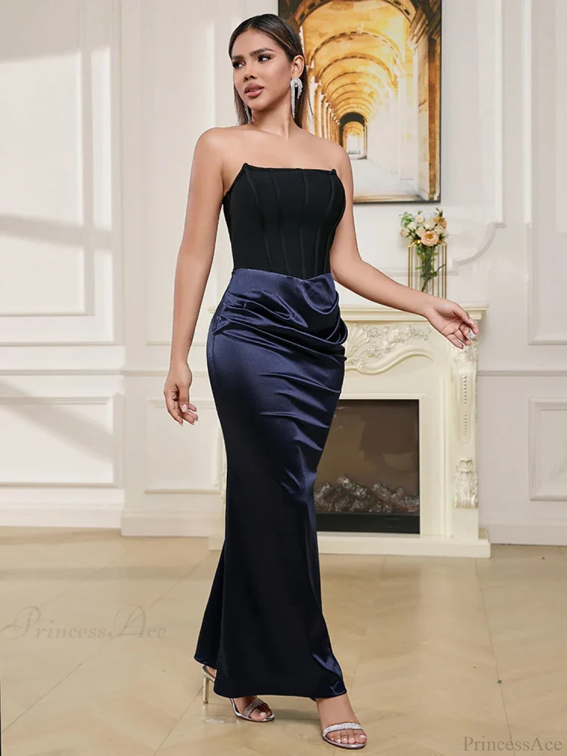 Sexy Strapless Bandage Patchwork Long Black Blue Sleeveless Christmas Party Dress Dresses-L