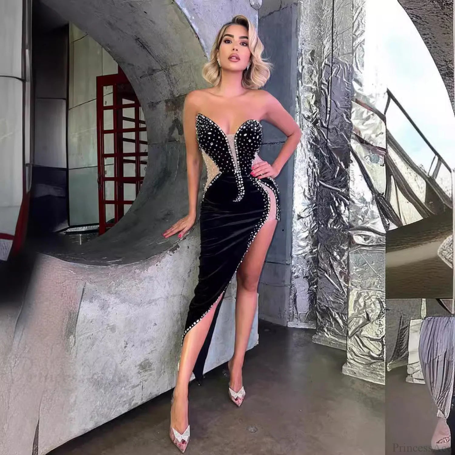 Sexy Strapless Beaded Bodycon Dress Party Prom Dress promdress-250223