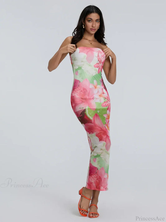 Sexy Strapless Bodycon Off-Shoulder Backless Sheath Floral Night Gown MULTI / S floraldress-250126