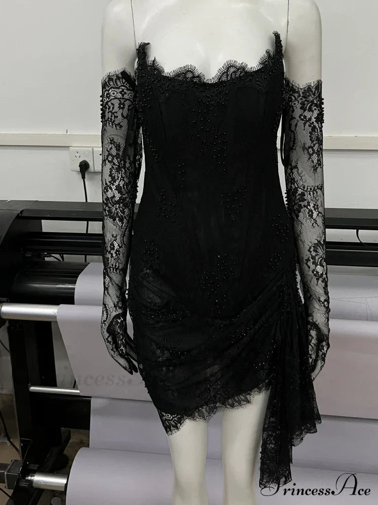 Sexy Strapless Corset Lace Mini Dress Asymmetrical Draped Celebrity Cocktail Christmas Party Black