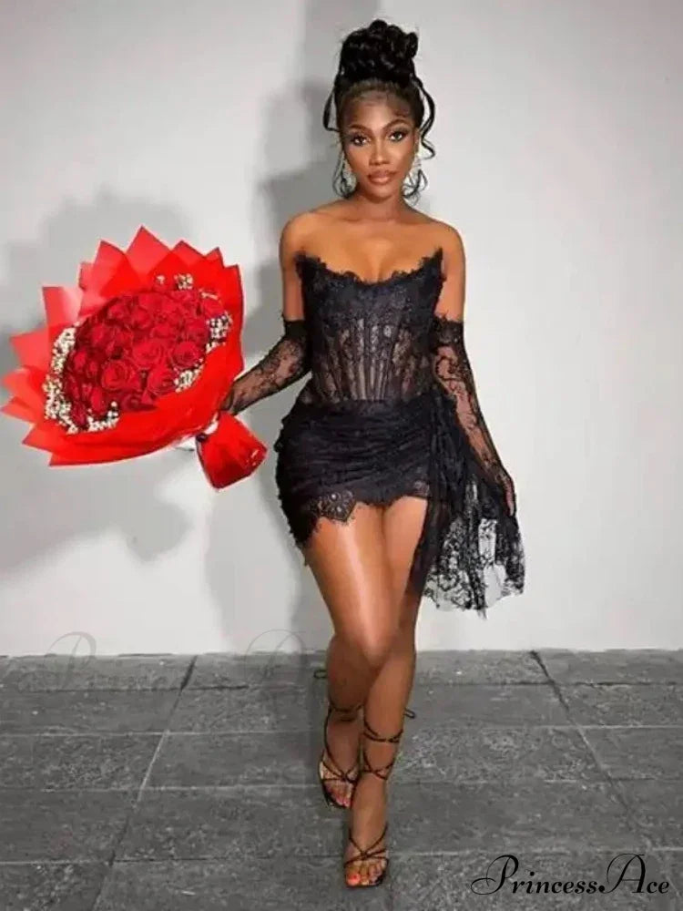 Sexy Strapless Corset Lace Mini Dress Asymmetrical Draped Celebrity Cocktail Christmas Party