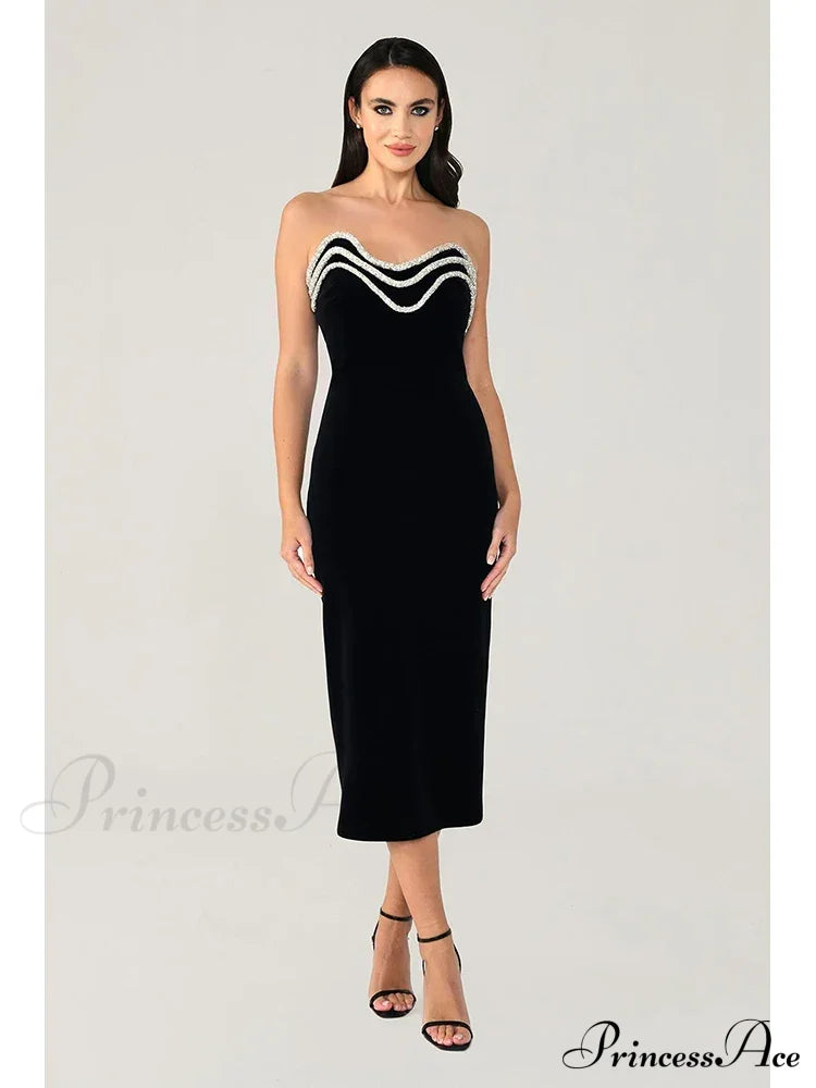 Sexy Strapless Diamonds Chain Bandage Black Sleeveless Backless Christmas Party Dress Dresses-L