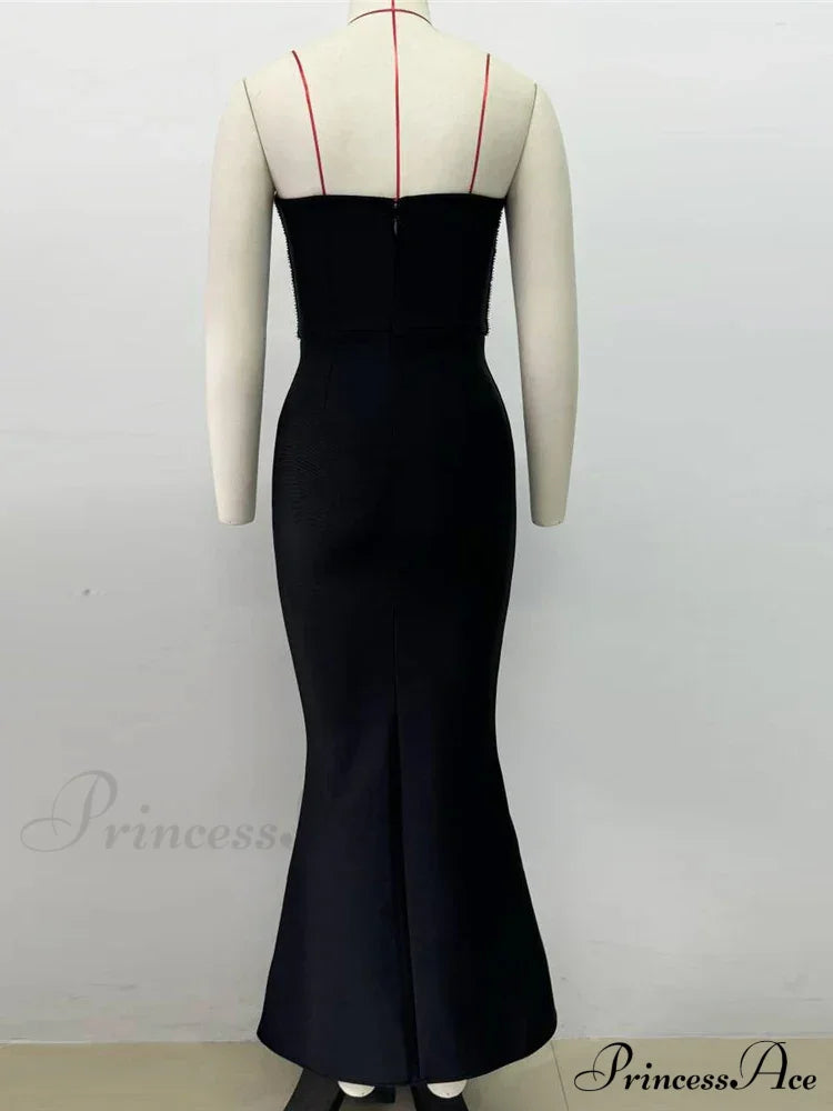 Sexy Strapless Diamonds Chain Bandage Long Black Sleeveless Backless Crystal Christmas Party Dress