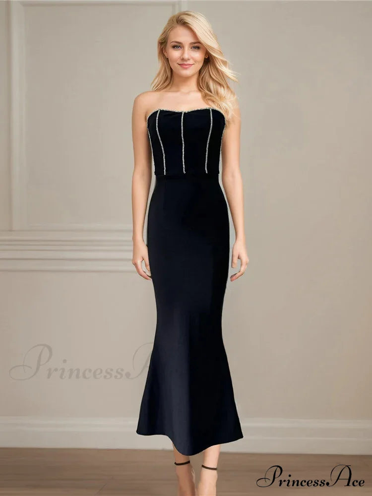 Sexy Strapless Diamonds Chain Bandage Long Black Sleeveless Backless Crystal Christmas Party Dress