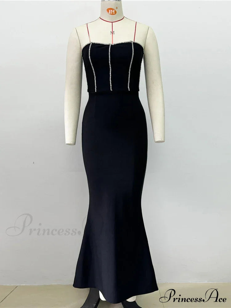 Sexy Strapless Diamonds Chain Bandage Long Black Sleeveless Backless Crystal Christmas Party Dress