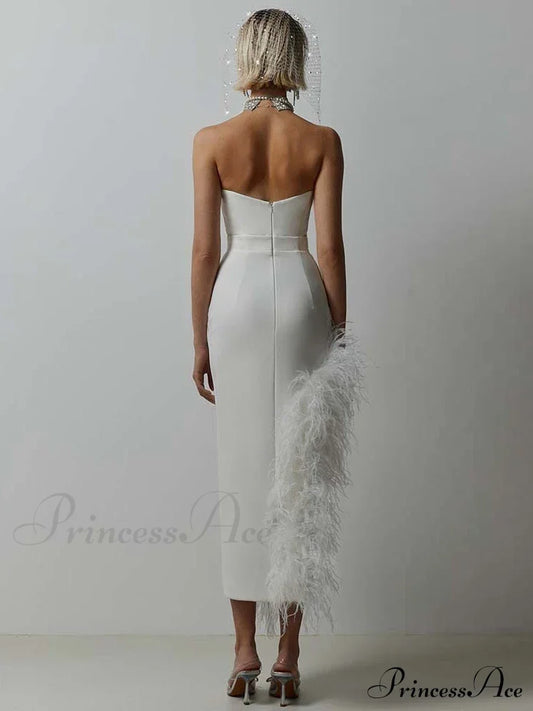 Sexy Strapless Feathers Midi Bandage Black White Backless Christmas Party Dress Dresses-L