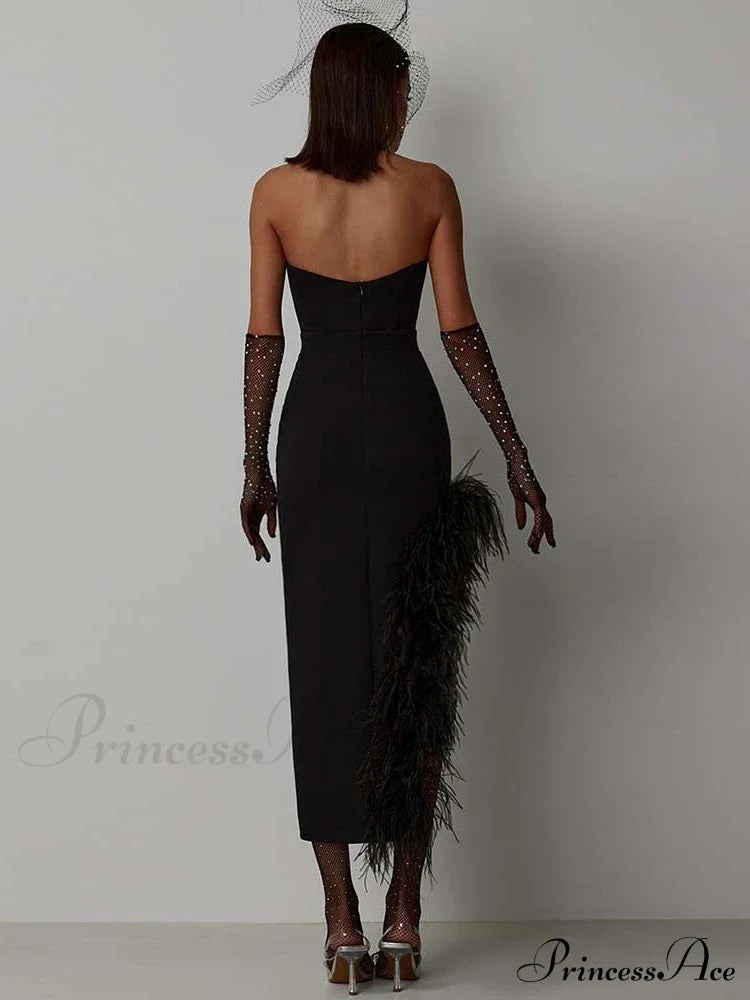 Sexy Strapless Feathers Midi Bandage Black White Backless Christmas Party Dress Dresses-L