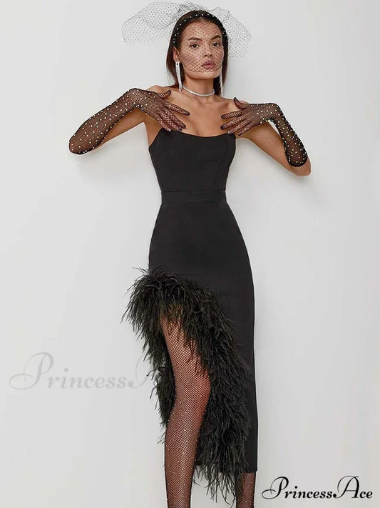 Sexy Strapless Feathers Midi Bandage Black White Backless Christmas Party Dress / S Dresses-L