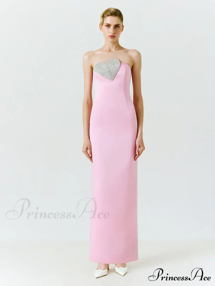 Sexy Strapless Heart Crystal Design Long Pink Sleeveless Diamonds Elegant Christmas Party Dress