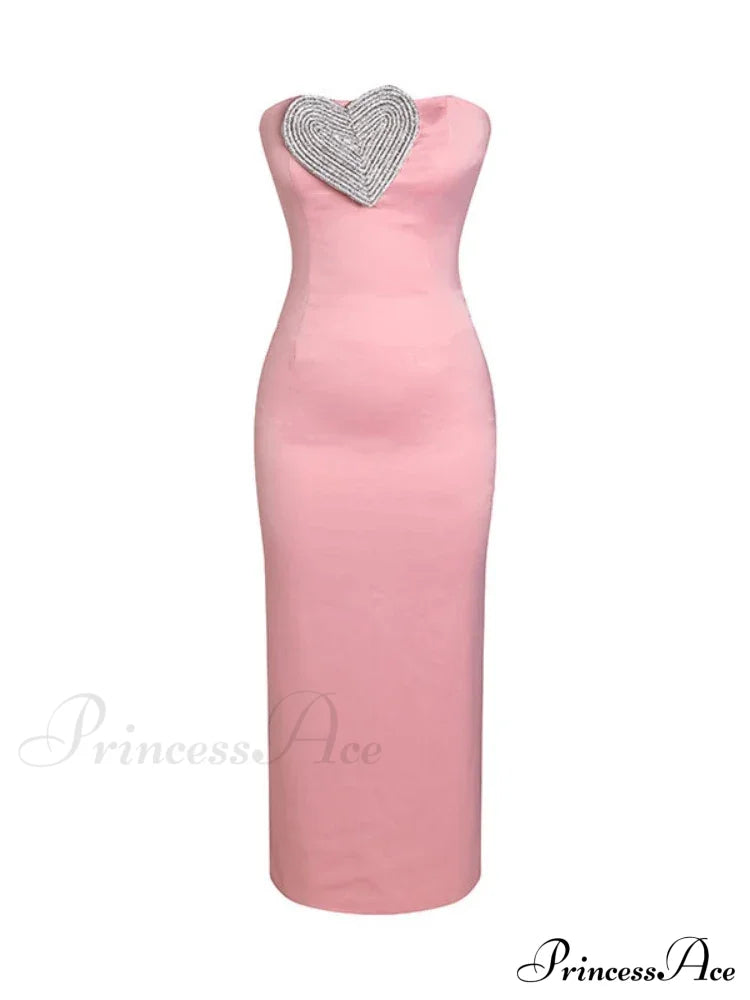 Sexy Strapless Heart Crystal Design Long Pink Sleeveless Diamonds Elegant Christmas Party Dress / S