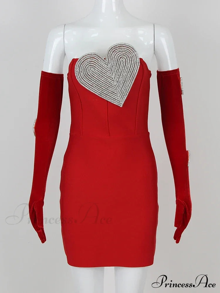 Sexy Strapless Heart Diamonds Bandage Gloves Black Backless Bodycon Christmas Party Dress Red / S