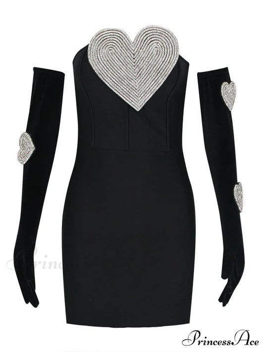 Sexy Strapless Heart Diamonds Bandage Gloves Black Backless Bodycon Christmas Party Dress / S