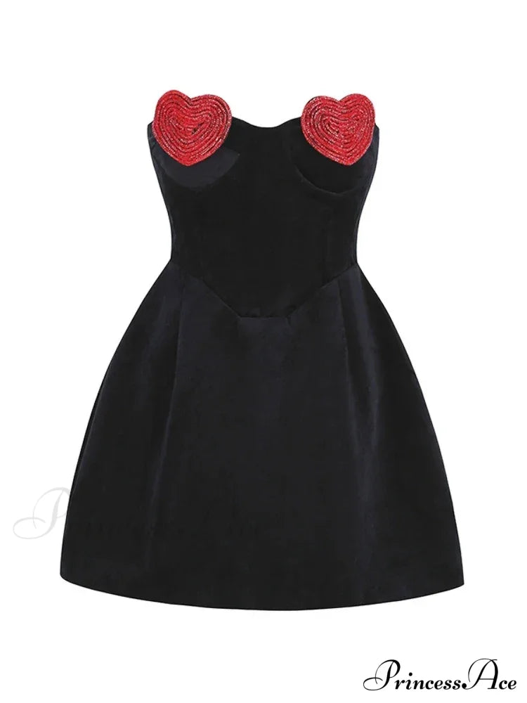 Sexy Strapless Heart Shape Crystal Design Mini Dress Velvet A-Line Christmas Party Black / S