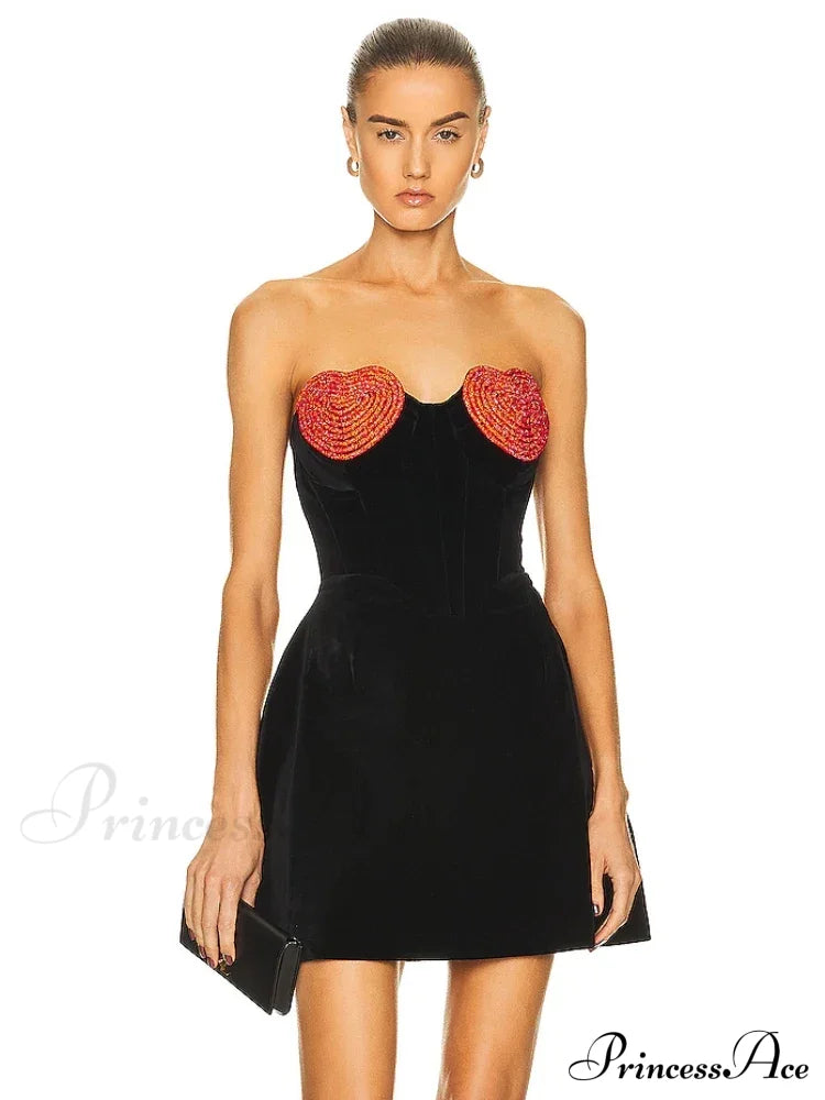 Sexy Strapless Heart Shape Crystal Design Mini Dress Velvet A-Line Christmas Party Dresses-L