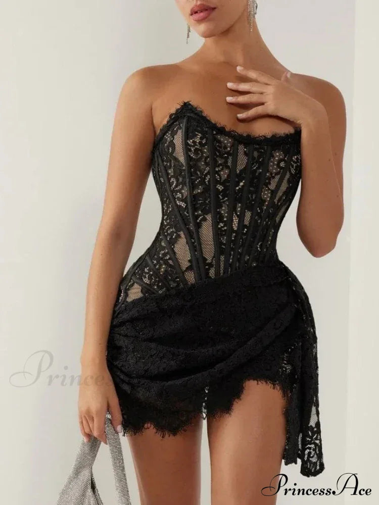 Sexy Strapless Lace Corset Mini Dress Sleeveless Lace-Up Draped Bodycon Christmas Party Black / Xs