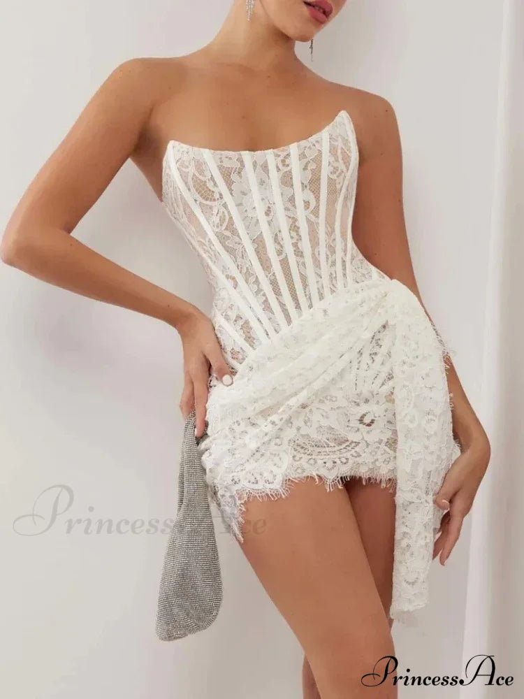 Sexy Strapless Lace Corset Mini Dress Sleeveless Lace-Up Draped Bodycon Christmas Party Dresses-L