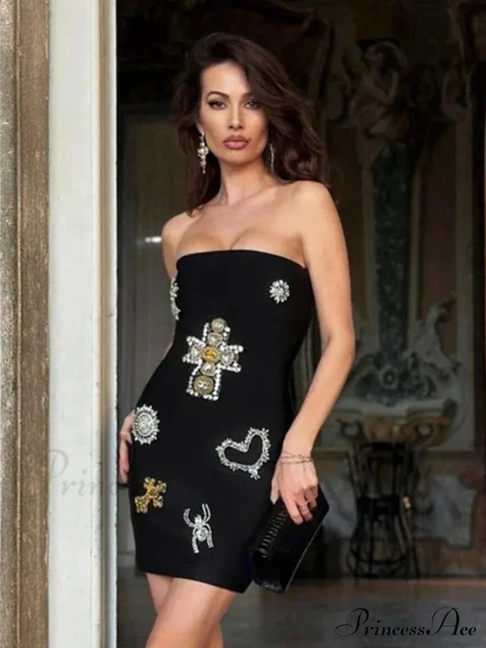 Sexy Strapless Luxury Diamonds Bandage Black Sleeveless Beaded Mini Evening Christmas Party Dress