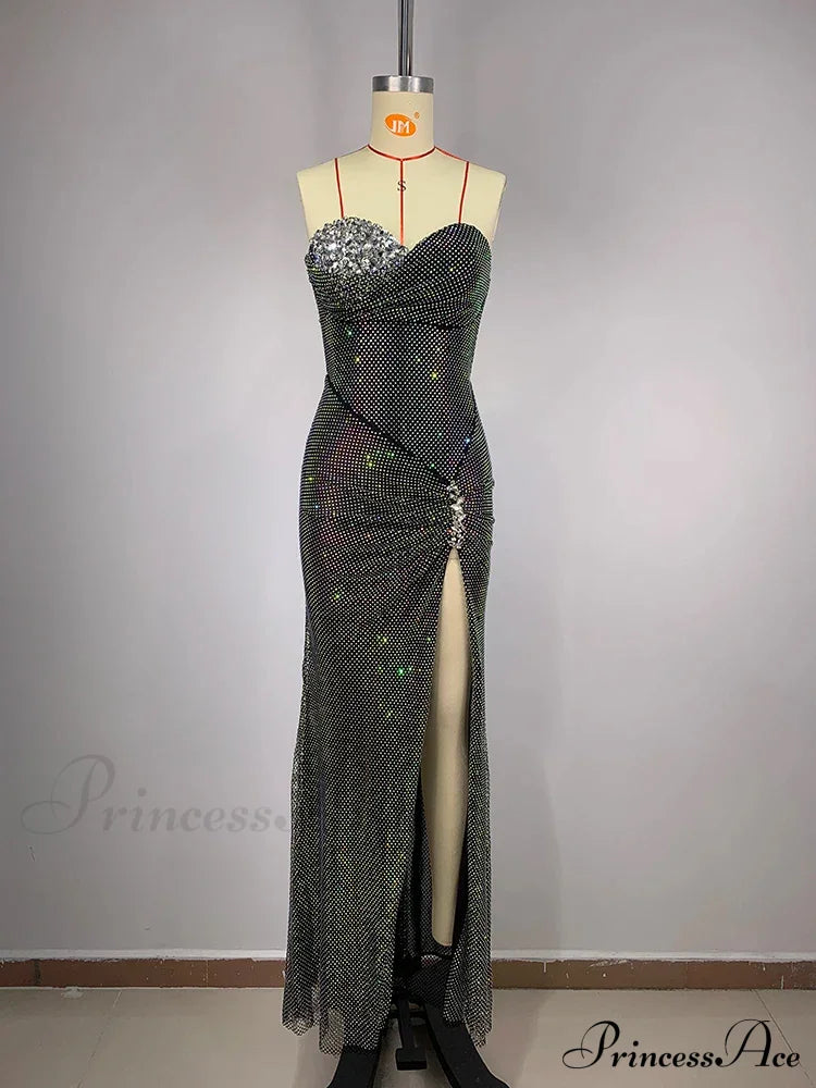 Sexy Strapless Luxury Diamonds Long Dress Shiny Sequins Crystal Folds Christmas Party Black / S