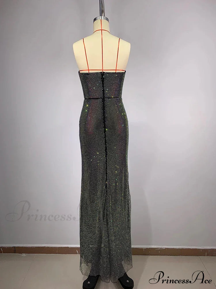 Sexy Strapless Luxury Diamonds Long Dress Shiny Sequins Crystal Folds Christmas Party Dresses-L