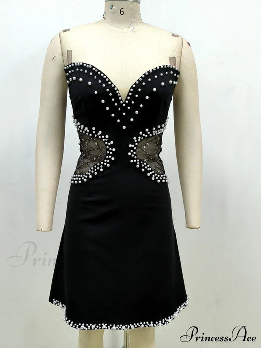 Sexy Strapless Mesh Patchwork Pearl Beaded Mini Black Sleeveless Christmas Party Dress / Xs