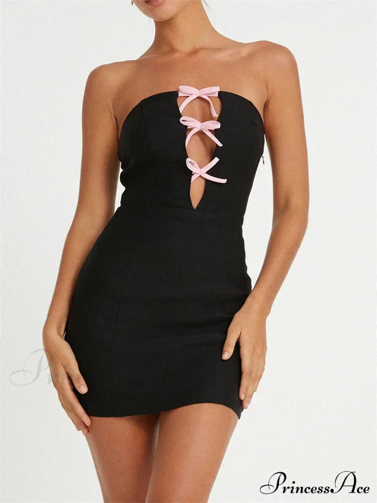 Sexy Strapless Off Shoulder Casual Bow Patchwork Cutout Mini Dress