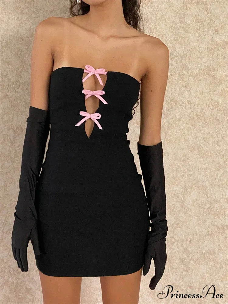 Sexy Strapless Off Shoulder Casual Bow Patchwork Cutout Mini Dress