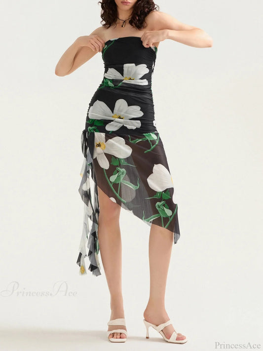 Sexy Strapless Ruffle Tassel Mini Floral Dress Black / S floraldress-250126