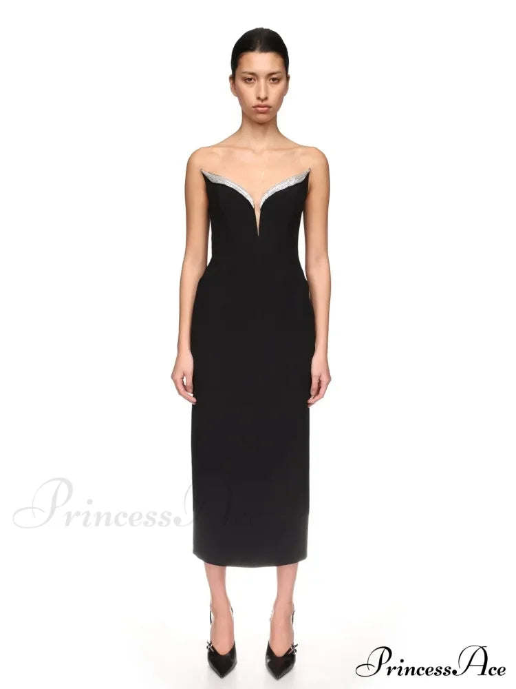 Sexy Strapless V Neck Diamonds Bandage Black Sleeveless Christmas Party Dress Dresses-L