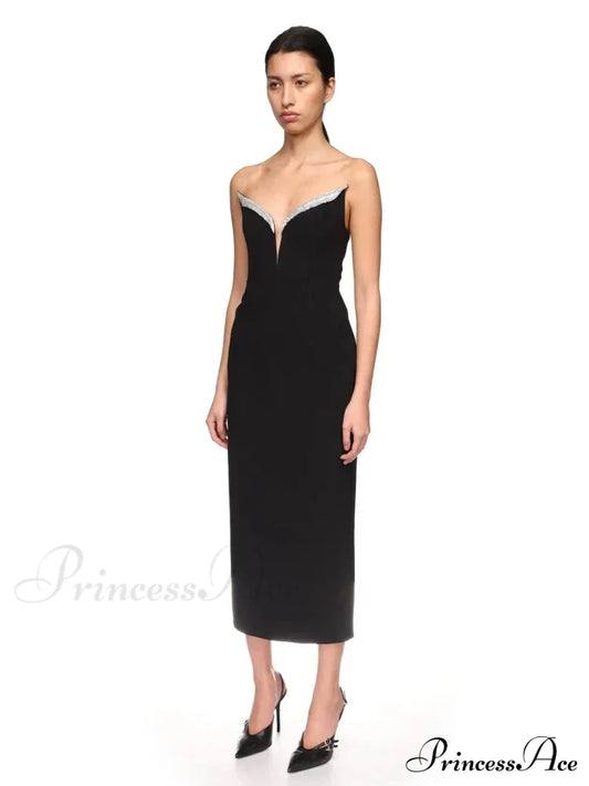 Sexy Strapless V Neck Diamonds Bandage Black Sleeveless Christmas Party Dress / Xs Dresses-L