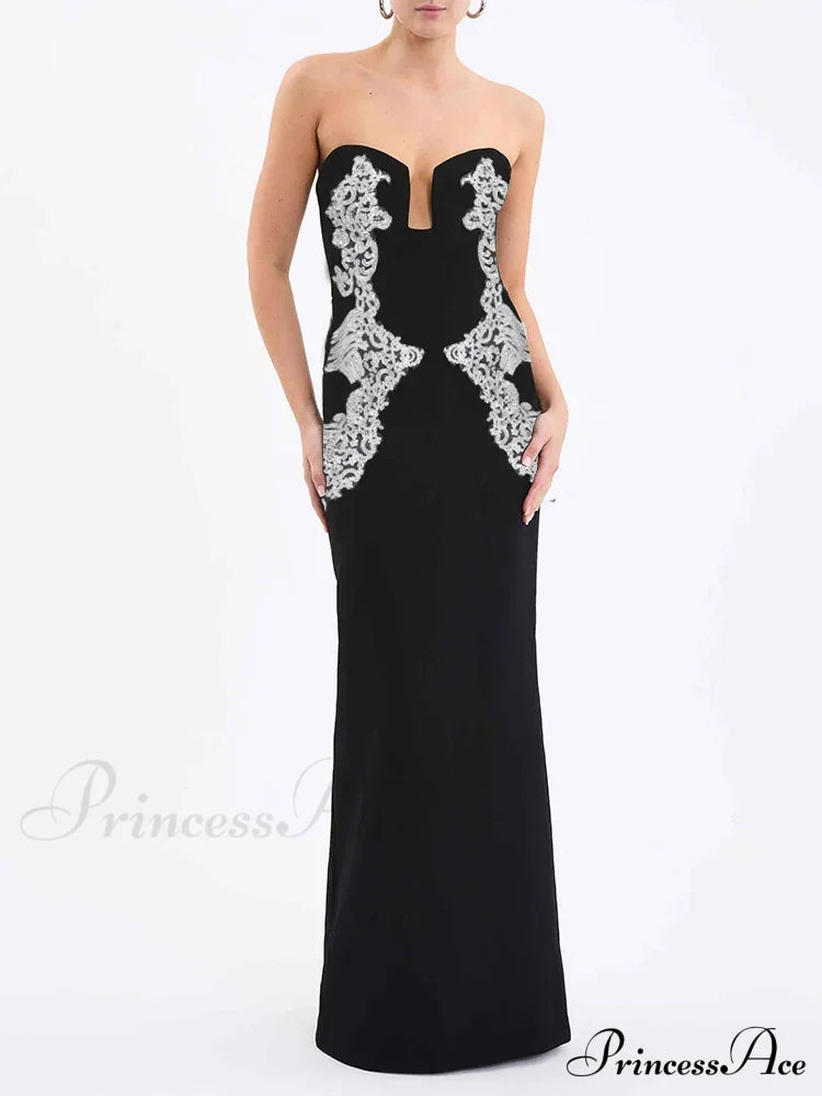 Sexy Strapless V Neck Lace Sequin Design Black Velvet Christmas Party Dress / S Dresses-L