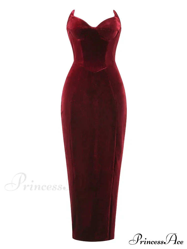 Sexy Strapless V Neck Velvet Maxi Dress Women Burgundy Black Christmas Party / S Dresses-L