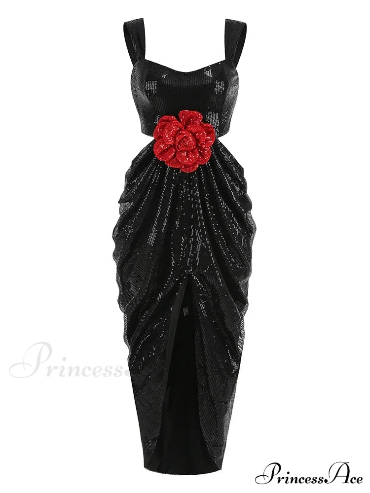 Sexy Straps 3D Flower Shiny Sequins Folds Long Cutout Slim Christmas Party Dress Black / Xs