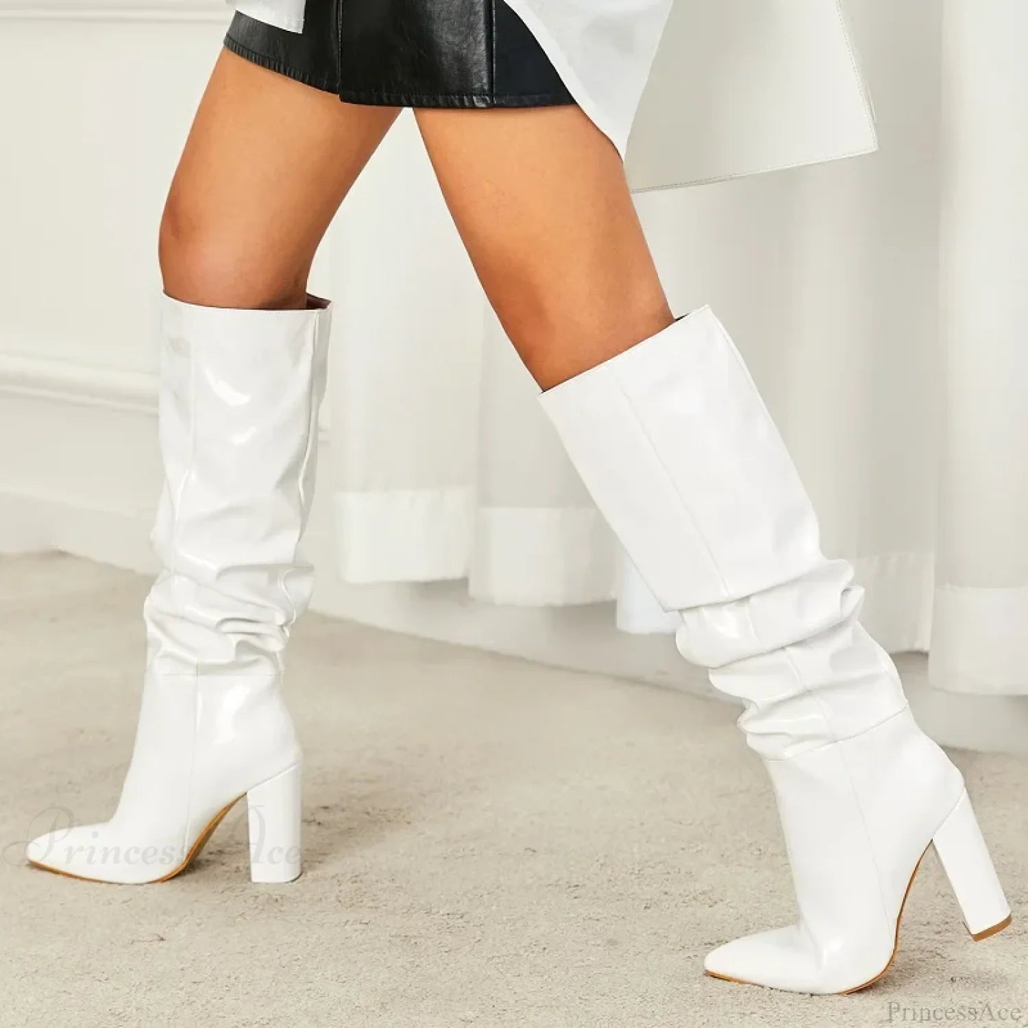 Sexy Street Designer Pointed Fashion Patent Leather Chunky High Heel Knee High Boot