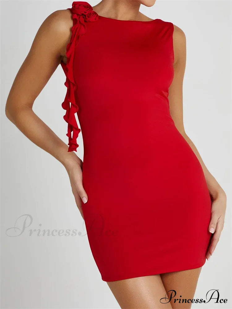 Sexy Summer Backless Flower Patchwork Tassels Sleeveless Party Mini Dress Red / S