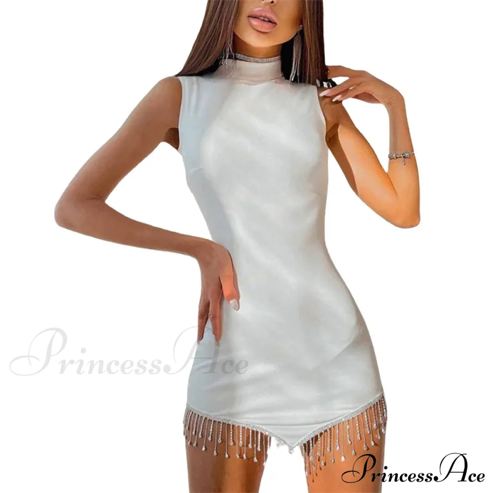 Sexy Summer Contrast Color Rhinestones Mini Dress Women Round Neck Sleeveless Christmas Party White