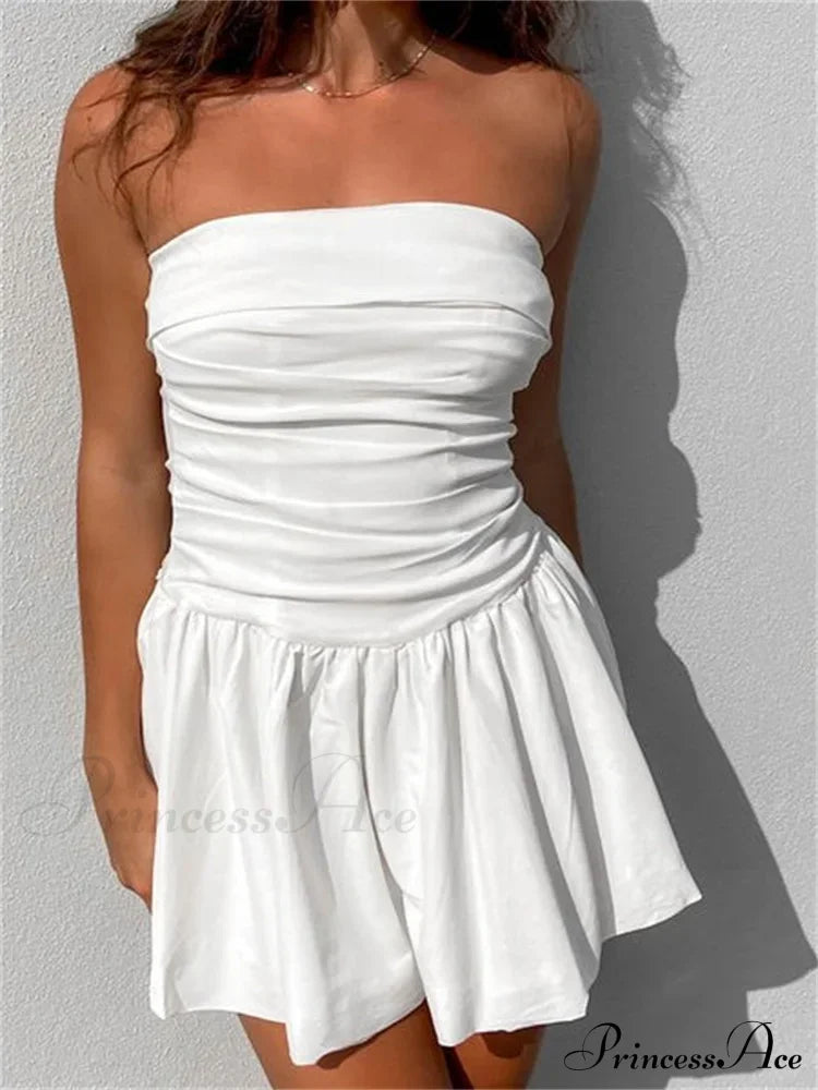 Sexy Summer Tube Strapless Off Shoulder Solid Ruched Mini Dress