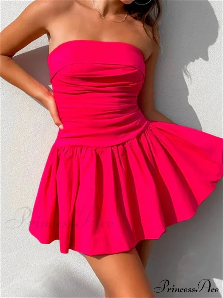 Sexy Summer Tube Strapless Off Shoulder Solid Ruched Mini Dress