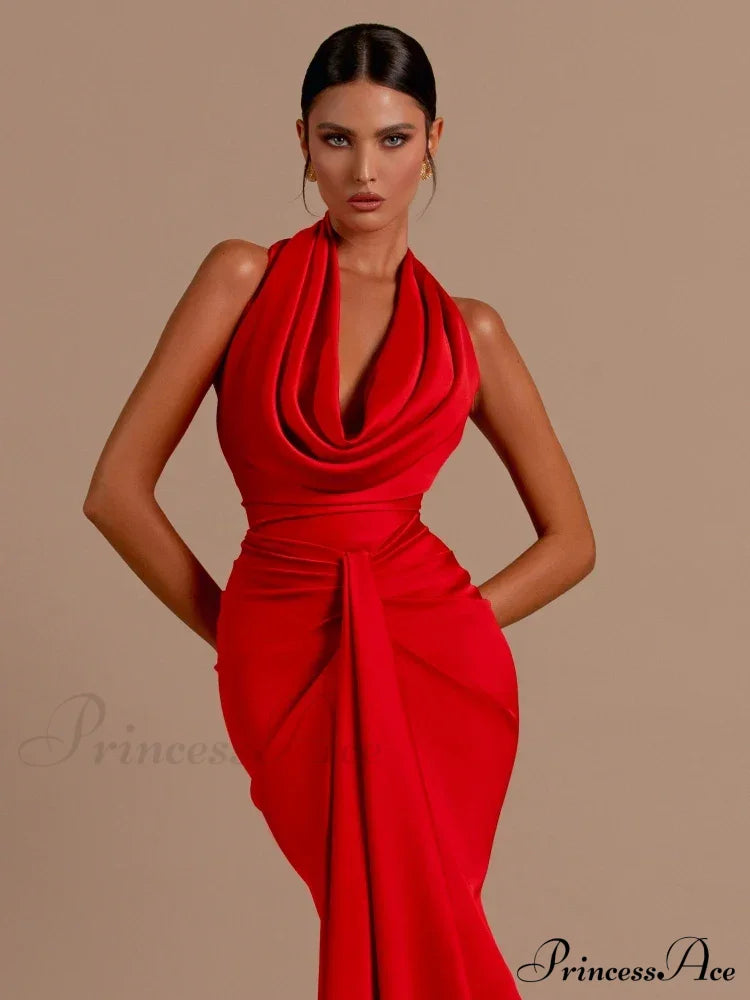 Sexy Swinging Collar Backless Pleated Long Dress Draped Design Christmas Party Dresses-L