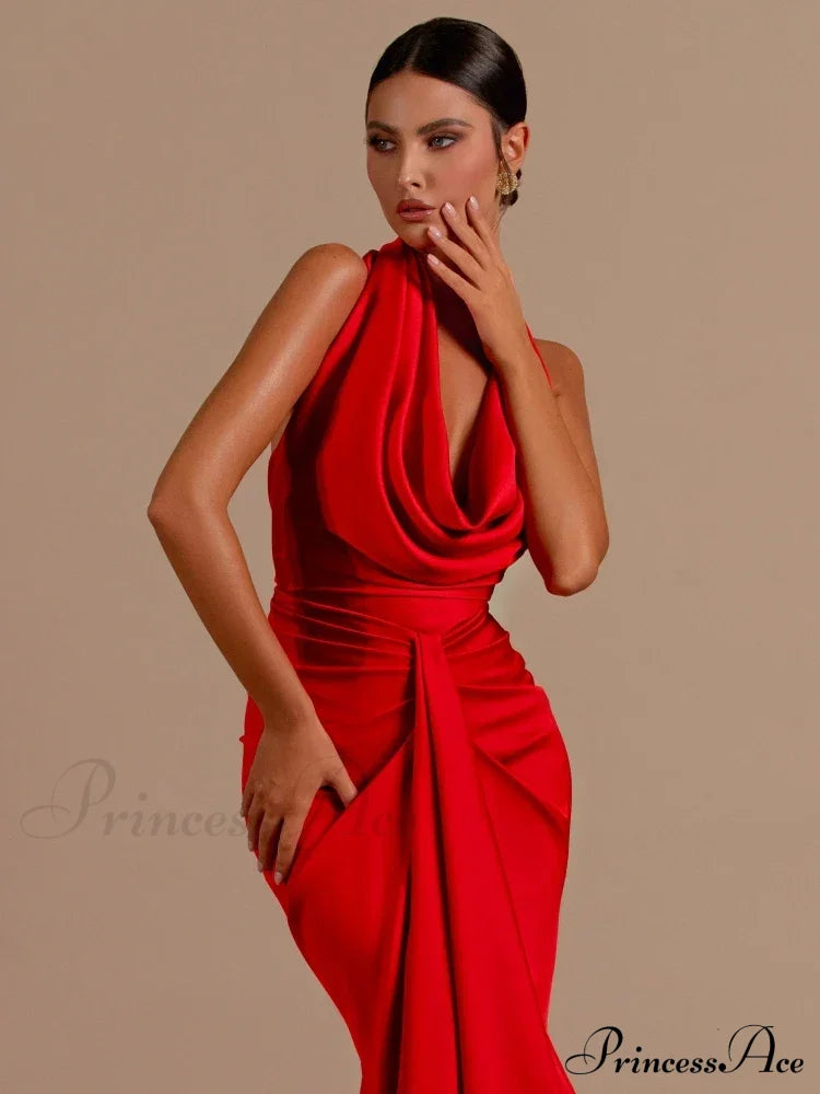 Sexy Swinging Collar Backless Pleated Long Dress Draped Design Christmas Party Dresses-L