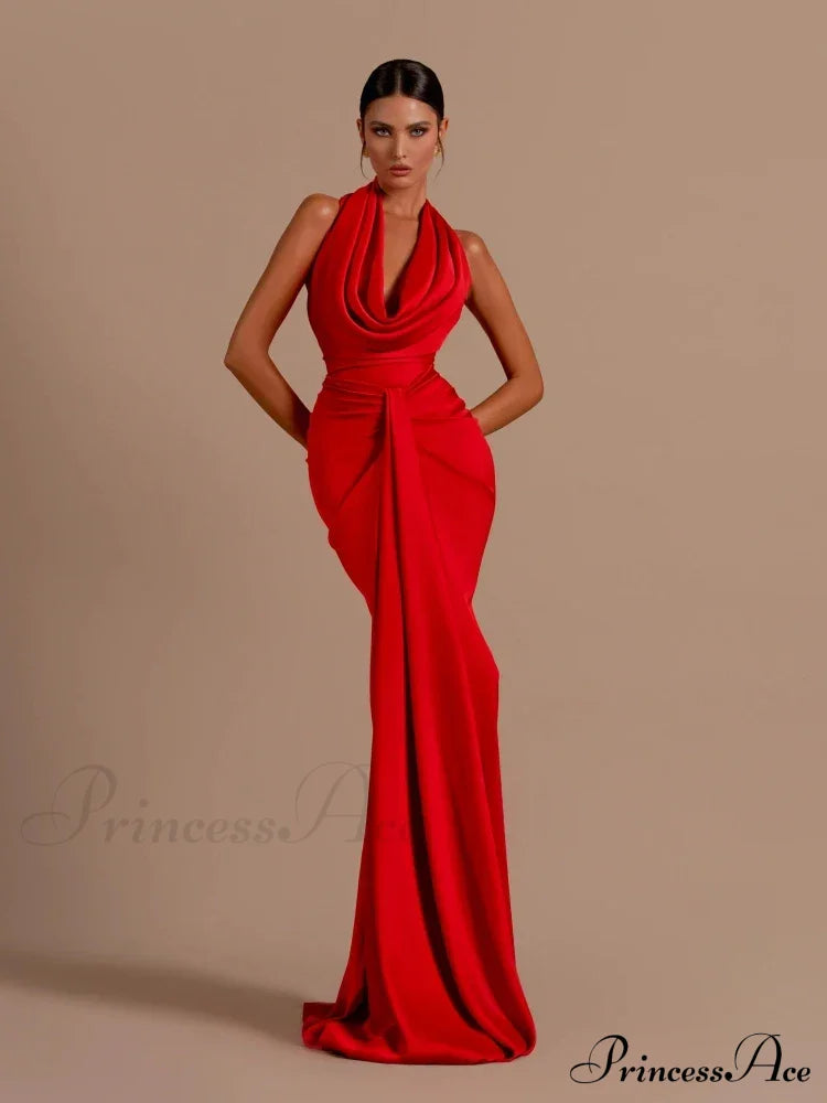 Sexy Swinging Collar Backless Pleated Long Dress Draped Design Christmas Party Dresses-L