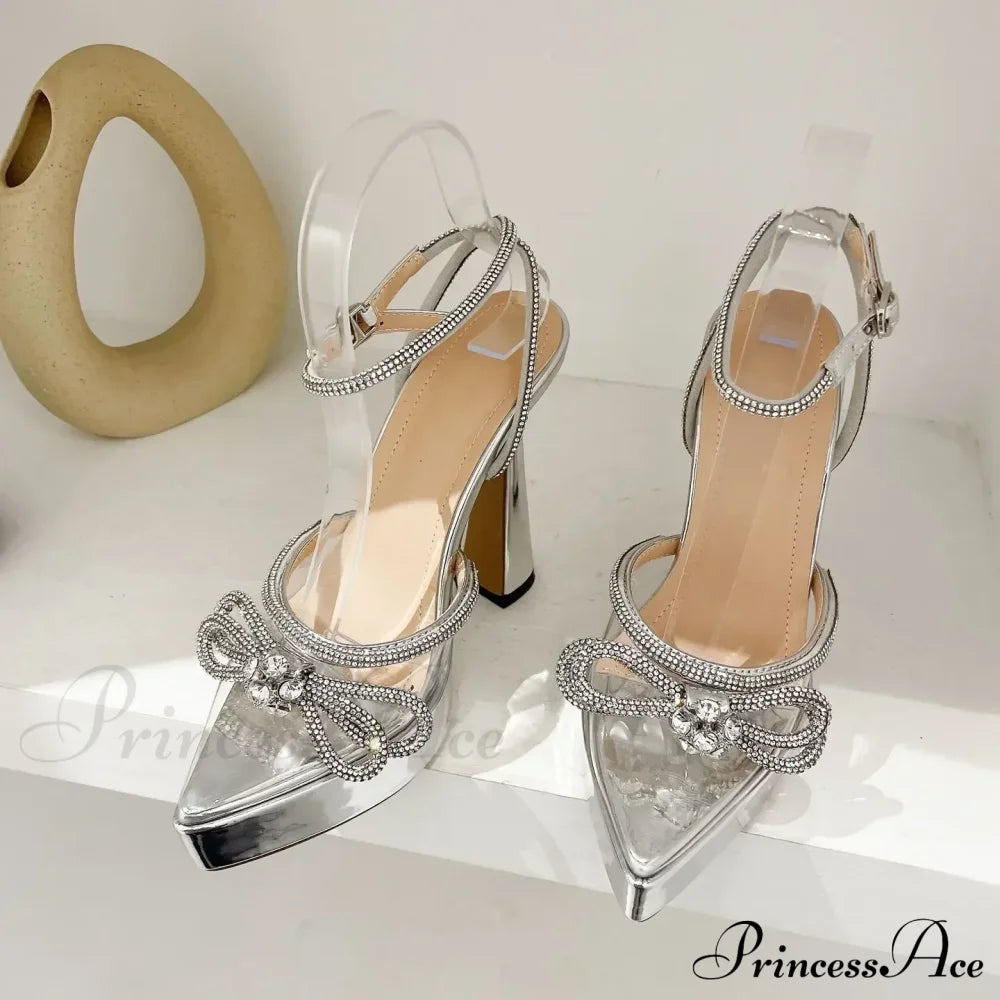 Sexy Transparent Pvc Crystal Pointed Butterfly Knot Chunky High Heel Party Wedding