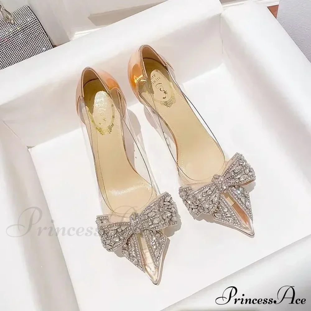 Sexy Transparent Rhinestone Butterfly-Knot Pointed Toe Pumps Wedding High Heels Spring Summer Heel