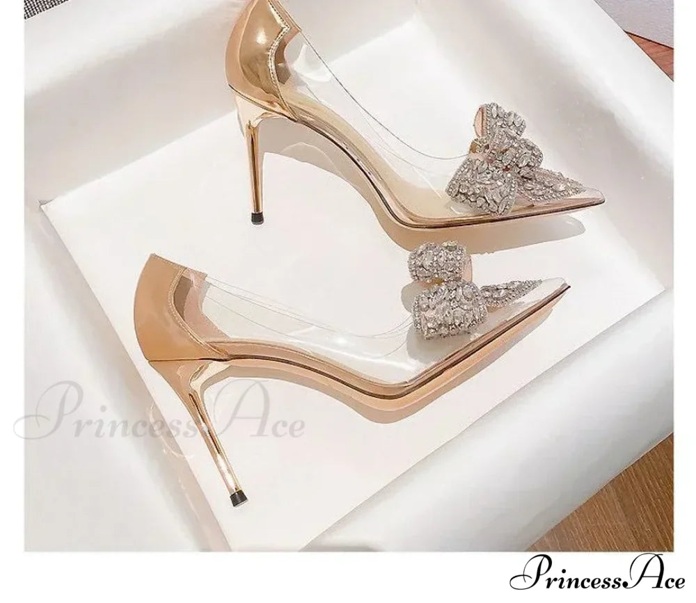 Sexy Transparent Rhinestone Butterfly-Knot Pointed Toe Pumps Wedding High Heels Spring Summer Heel