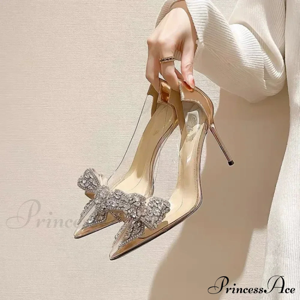 Sexy Transparent Rhinestone Butterfly-Knot Pointed Toe Pumps Wedding High Heels Spring Summer Heel