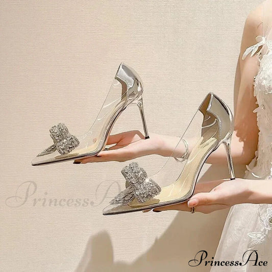 Sexy Transparent Rhinestone Butterfly-Knot Pointed Toe Pumps Wedding High Heels Spring Summer Heel