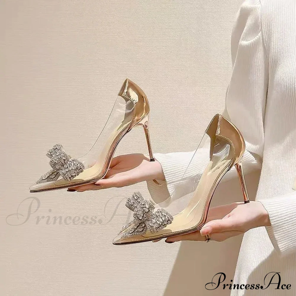 Sexy Transparent Rhinestone Butterfly-Knot Pointed Toe Pumps Wedding High Heels Spring Summer Heel