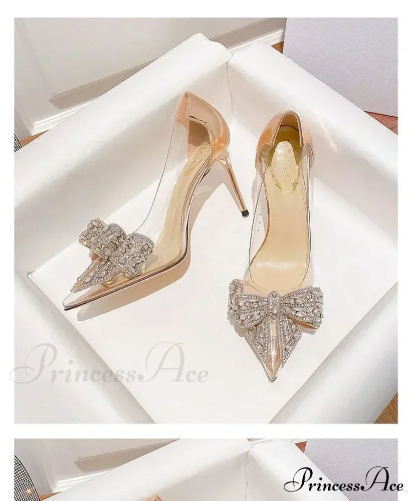 Sexy Transparent Rhinestone Butterfly-Knot Pointed Toe Pumps Wedding High Heels Spring Summer Heel