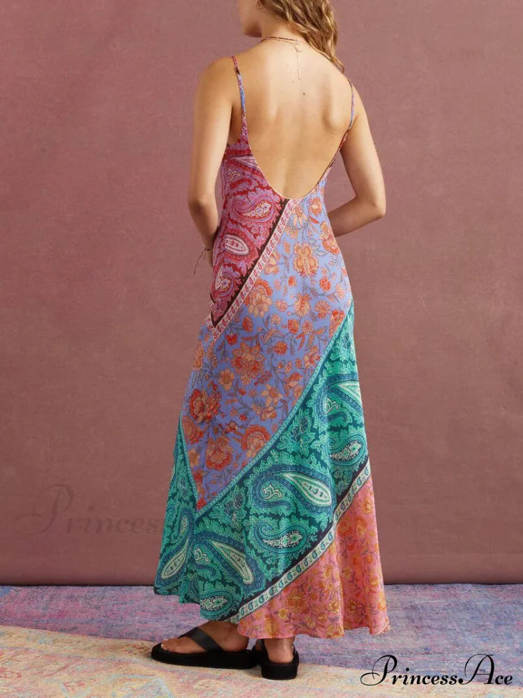 Sexy U-Neck Backless Bosnian Graceful Print Suspender Maxi Dress Dresses
